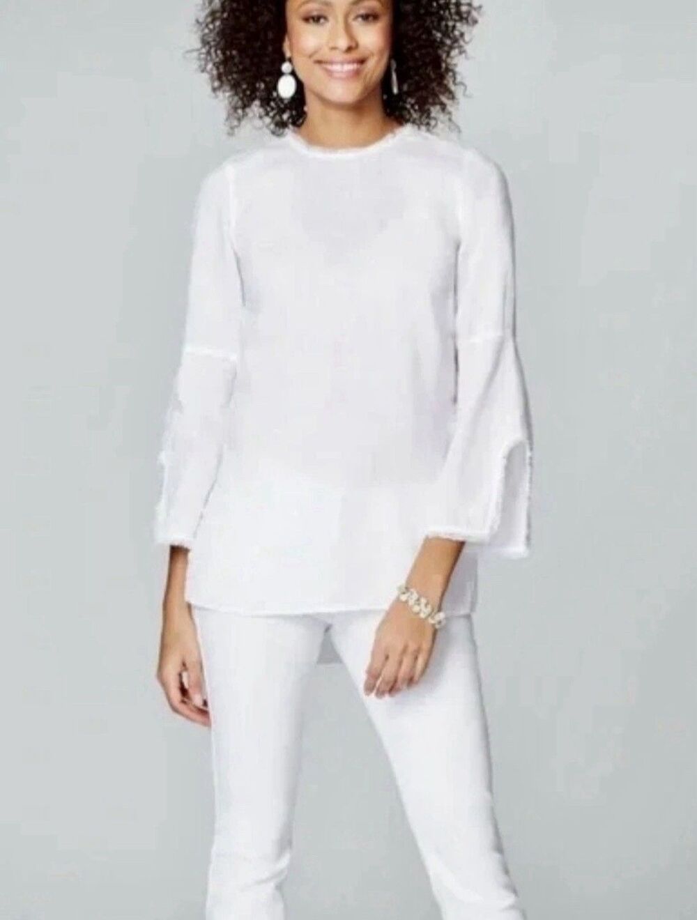 J. Jill Love Linen White Tunic Shirt Med Bell Sleeve Frayed Hem Boho Lagenlook